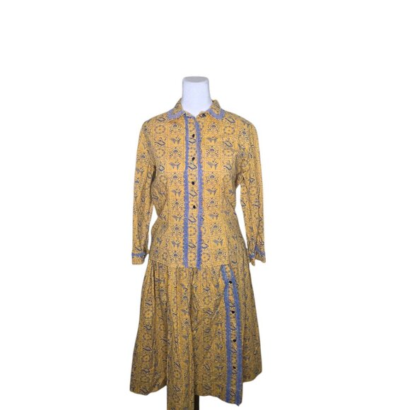 Vintage 70s Two Piece Midi Skirt Top Western Set Womens S Yellow Cottage Core